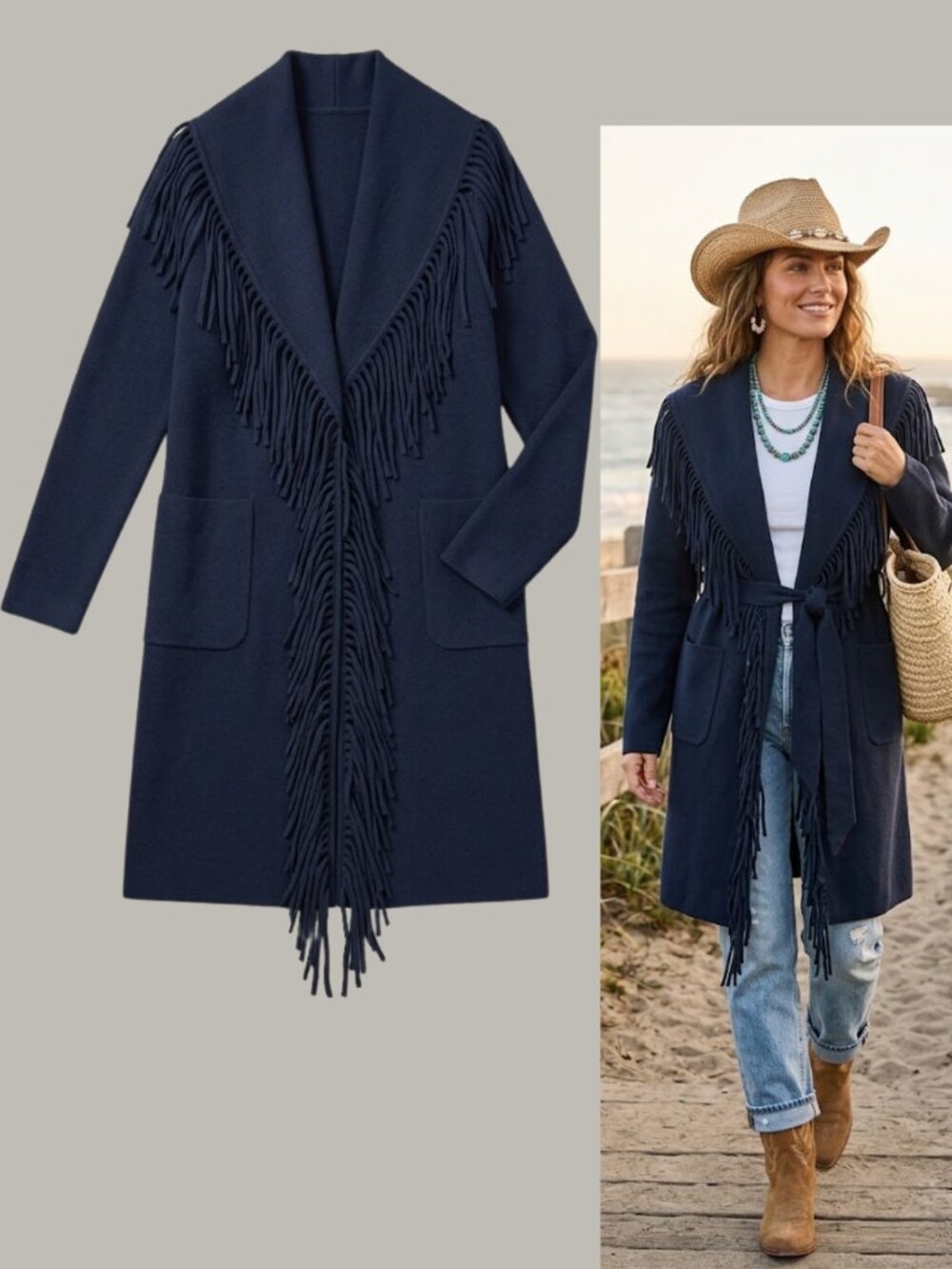 Anthropologie NVLT Fringe Sweater Coat Navy Belted Shawl Collar Western Duster